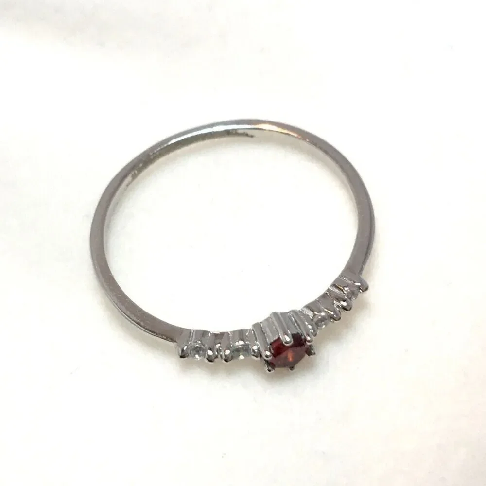 Sterling Silver Ring Size 7.75 925 Thin Band Red Cubic Zirconia CZ Dainty - Flaw
